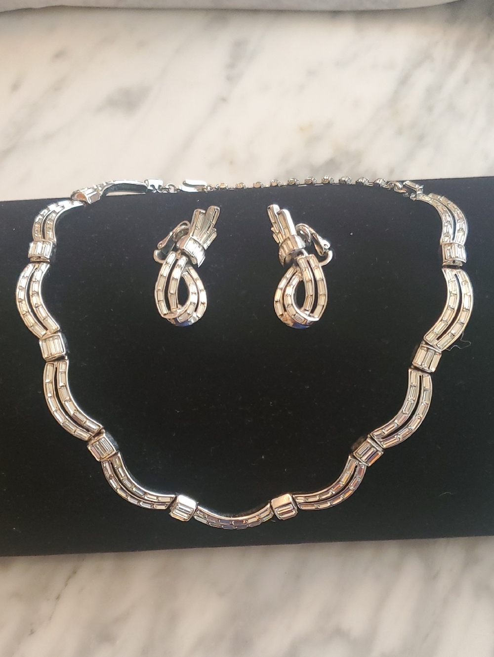 Vintage Trifari 'Crown' Baguette Necklace And Earring Set
